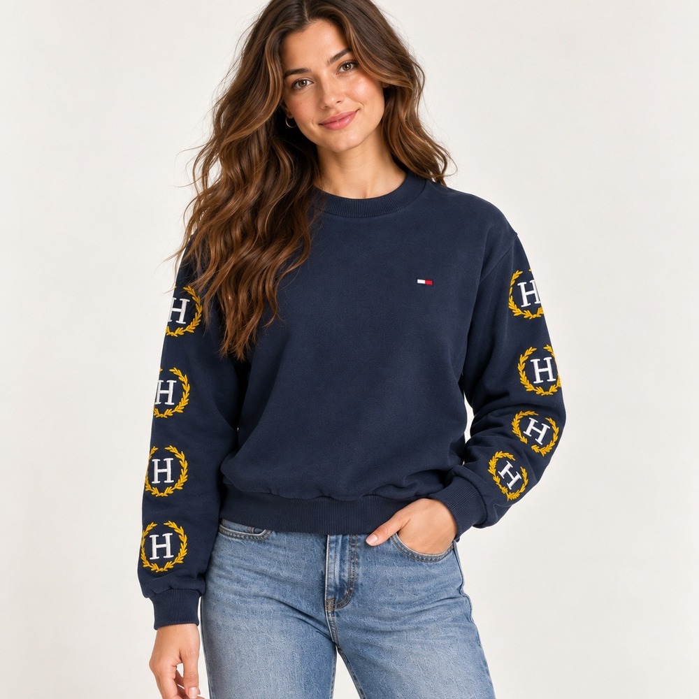 Tommy Hilfiger Navy Sweatshirt Y2K Embroidered H Crest Sleeve Preppy